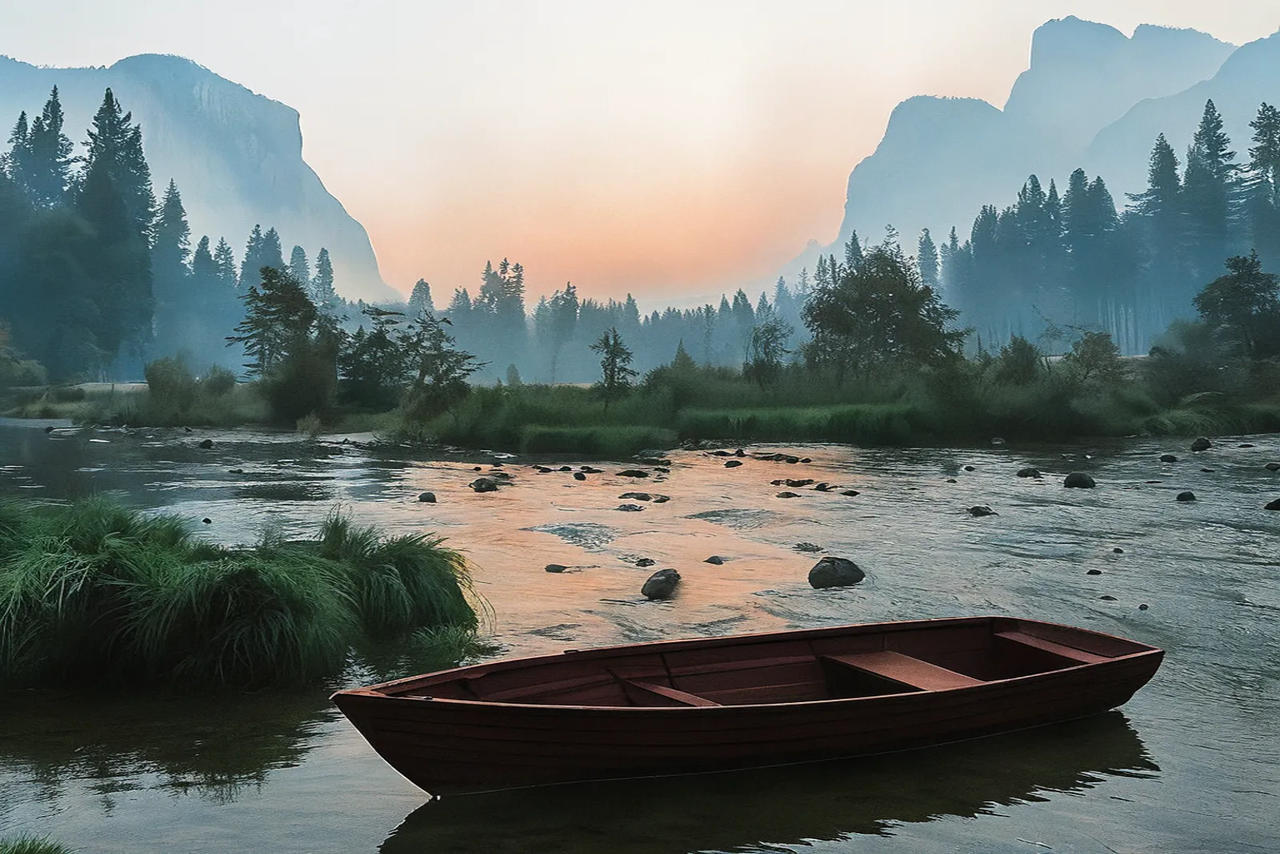 Edited Xiaomi-Robotics-U0 result for: Add a small wooden boat, with a dark red hull.