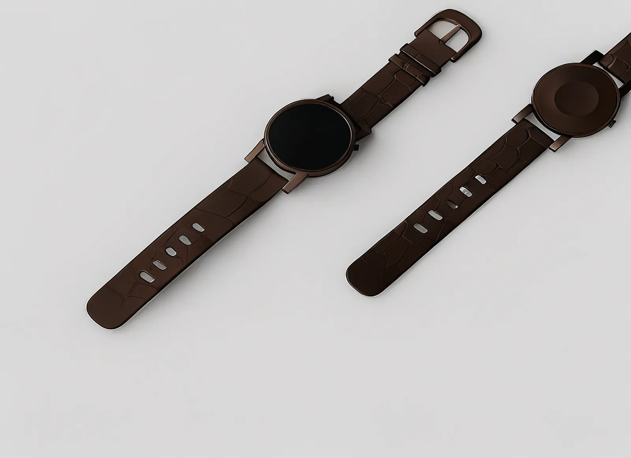 Edited Xiaomi-Robotics-U0 result for: Change the watch strap to a dark brown crocodile-embossed leather strap.