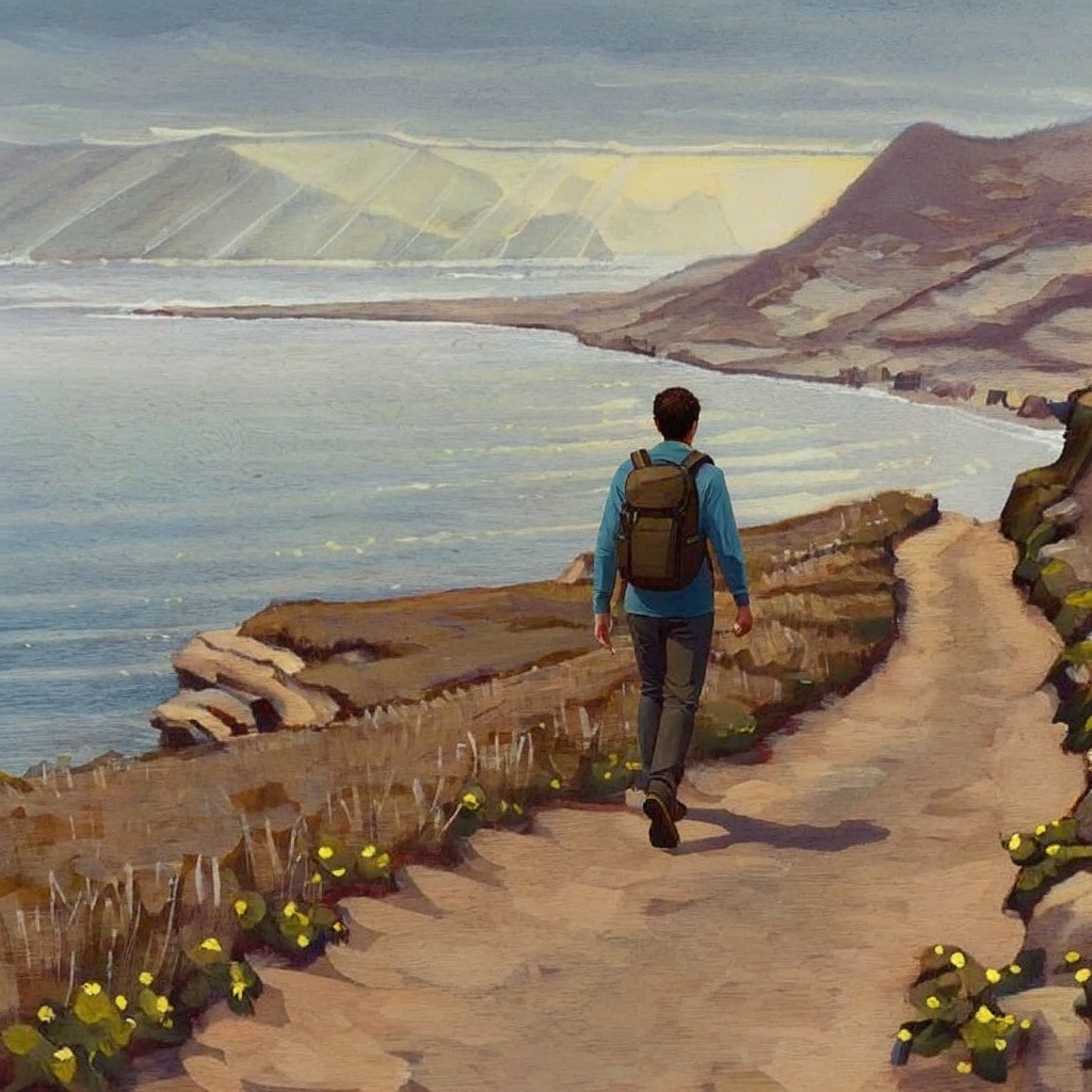 Edited Xiaomi-Robotics-U0 result for: Add a person walking along the dirt path toward the ocean.
