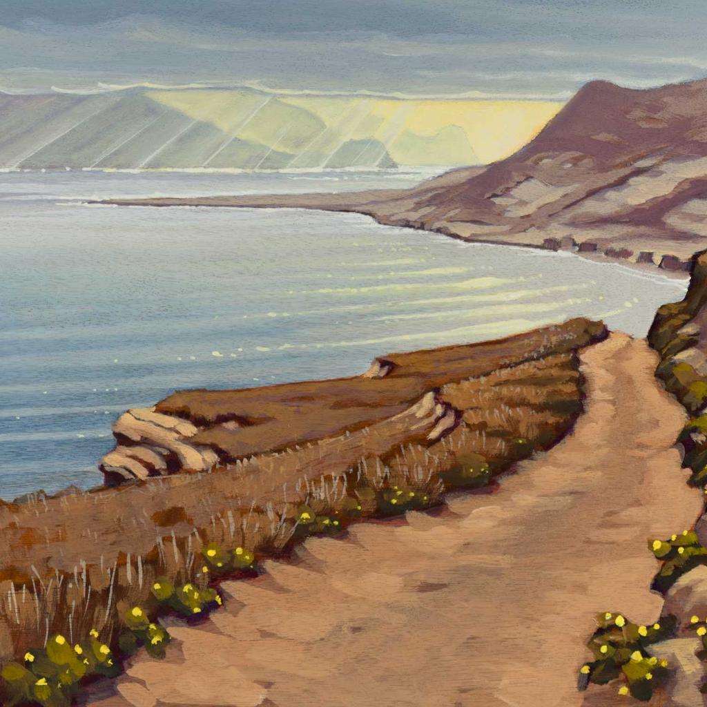 Input image for: Add a person walking along the dirt path toward the ocean.